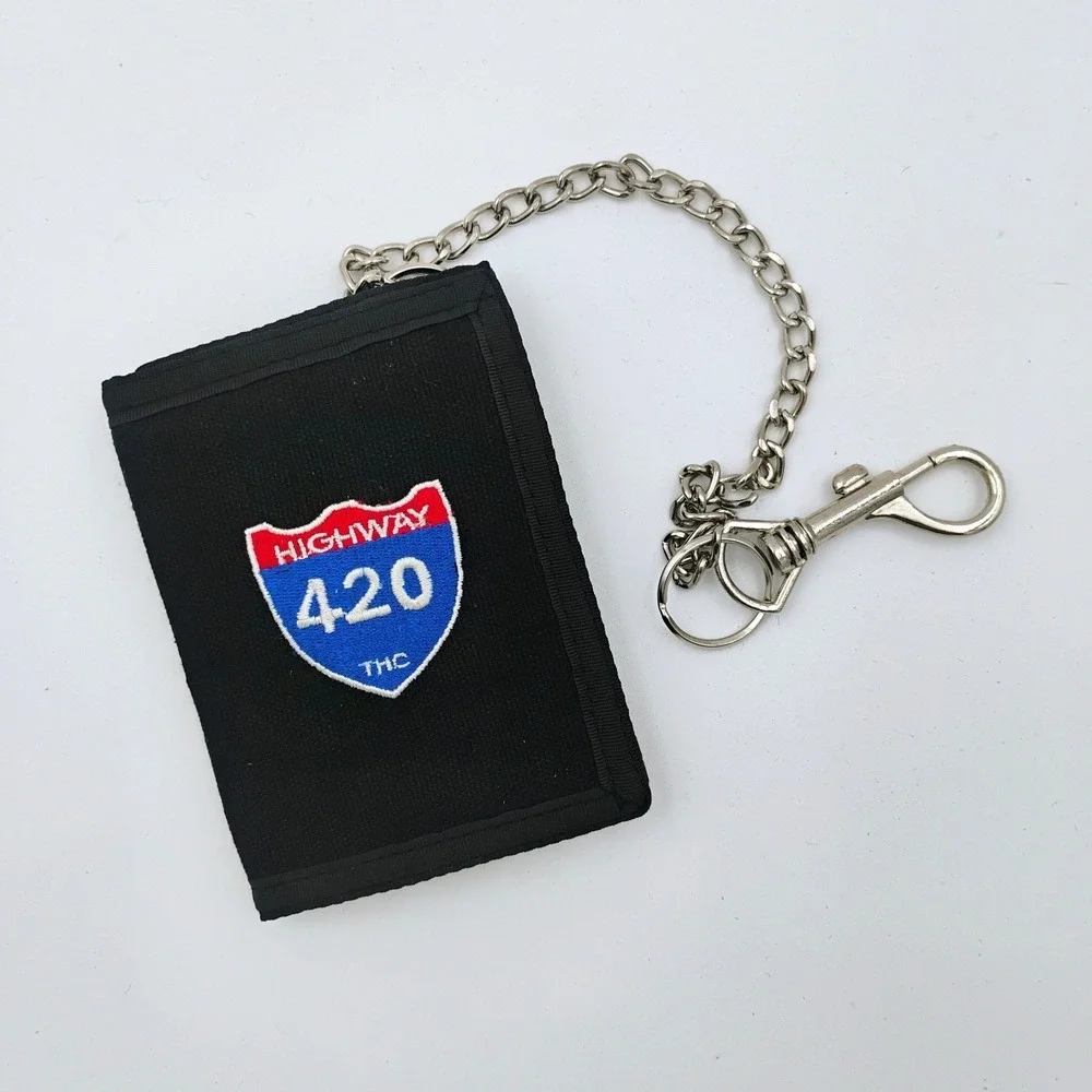 THC Clothing Highway 420 Embroidered Black Trifold Chain Wallet Retro VTG 1990's